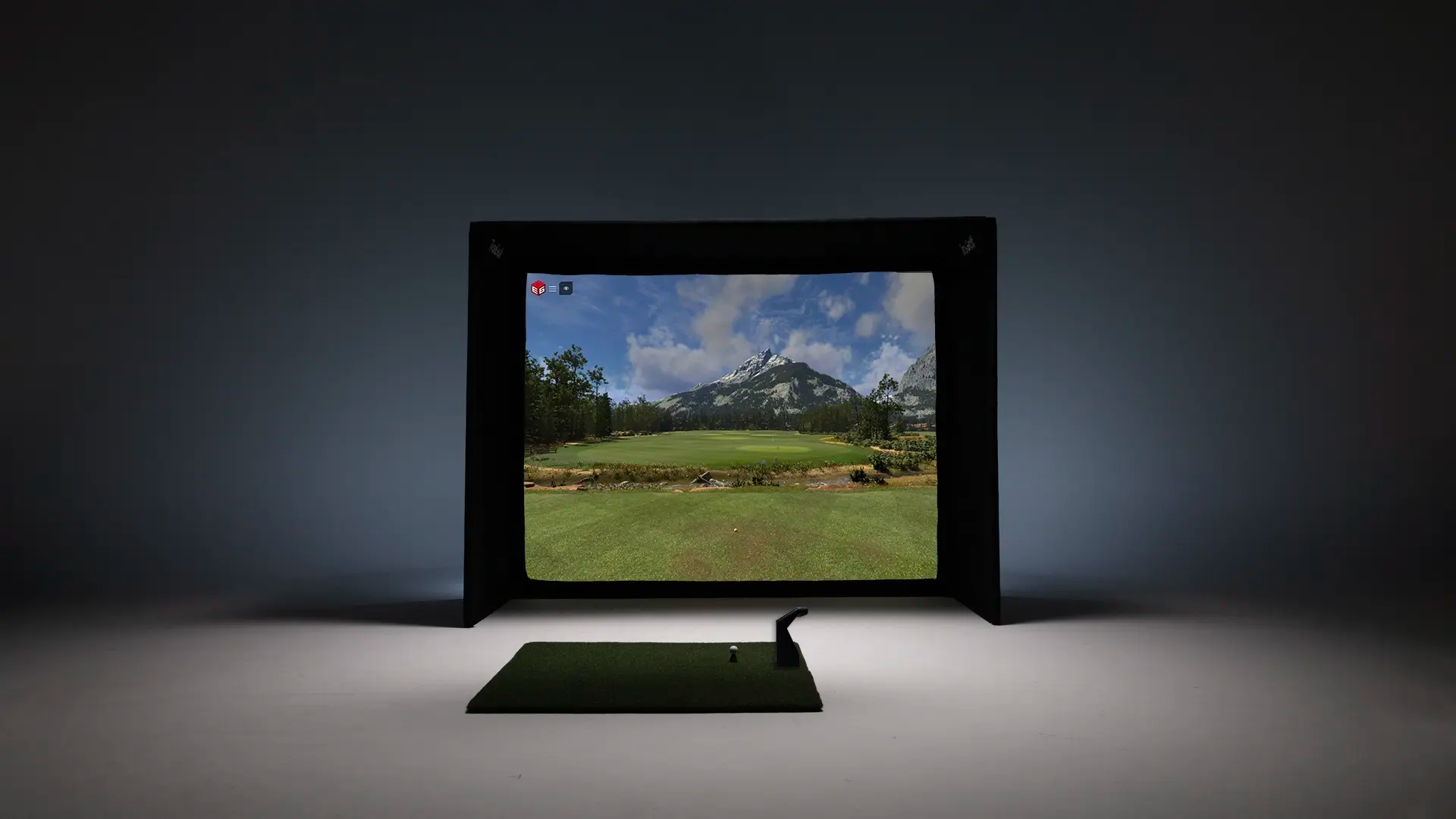 TruGolf LaunchBox with Starter enclosure showing virtual course on impact screen