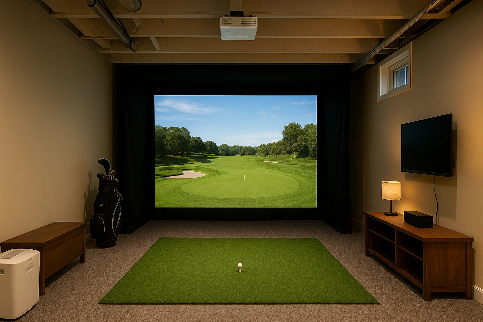 3. A basement golf simulator room
