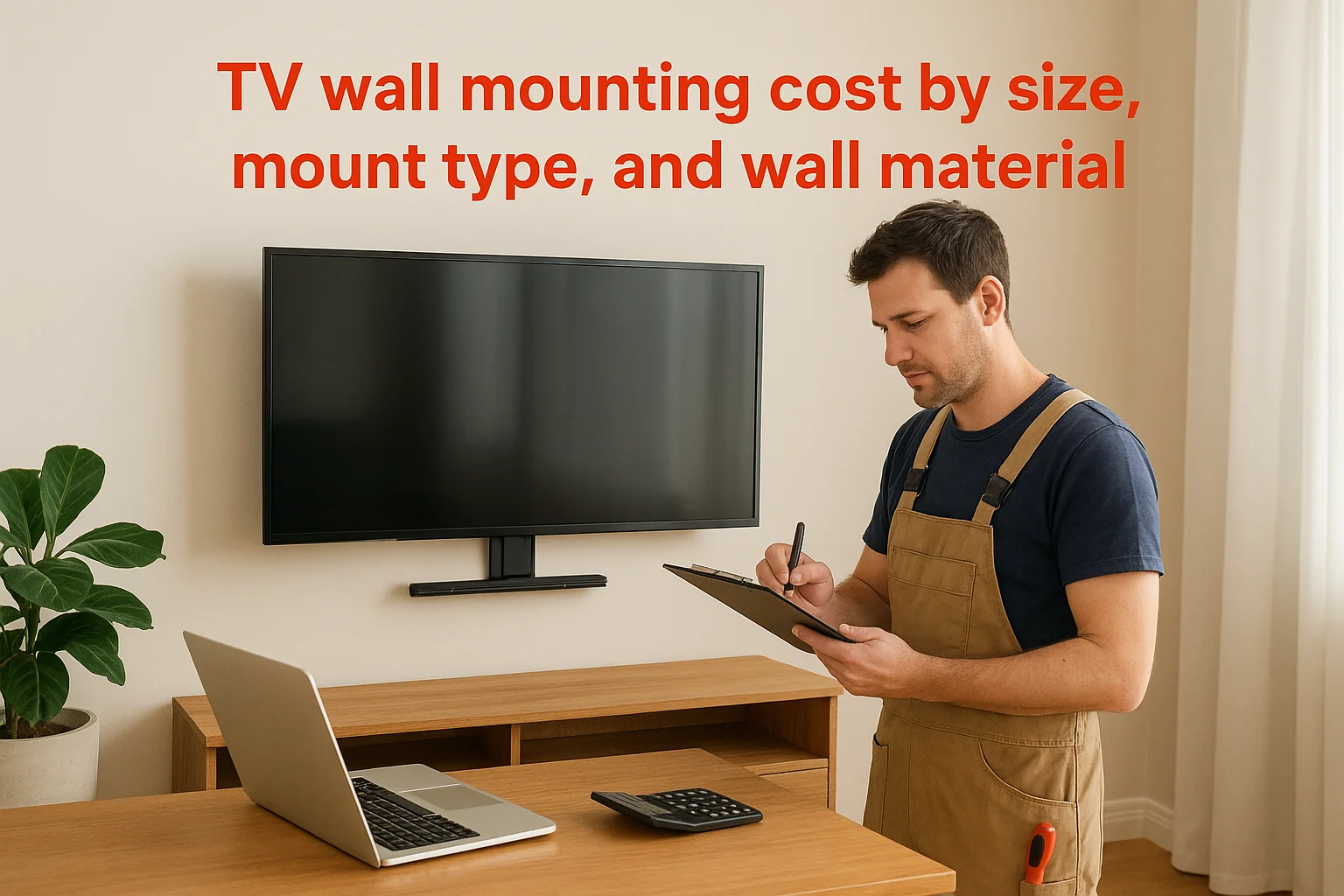 TV wall mounting cost by size, mount type, and wall material