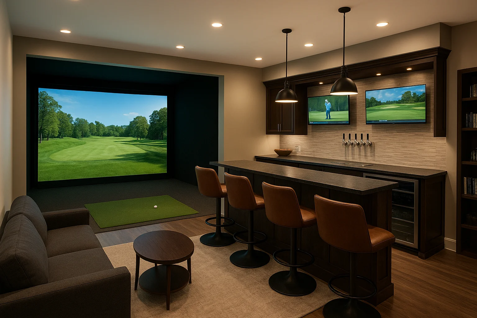 7. Bar-centered golf entertainment room